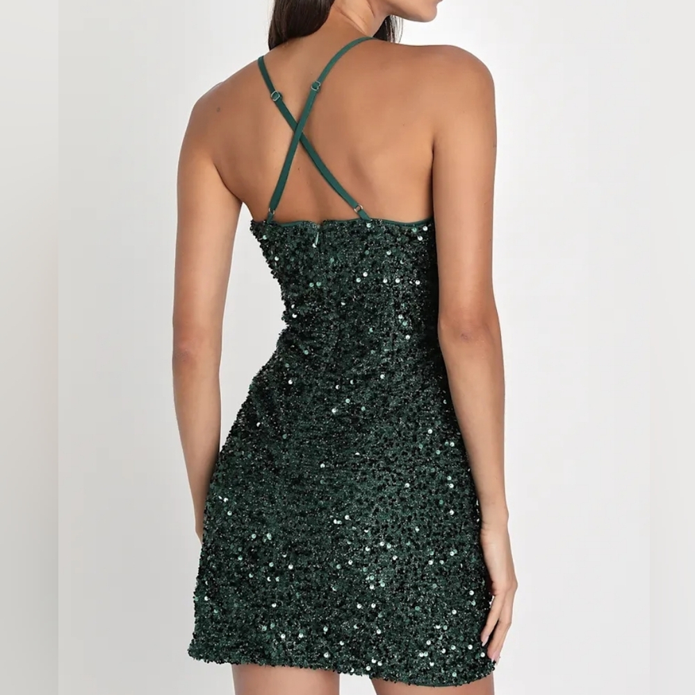NWT Lulus Size Medium Emerald Sequin Faux Wrap Bodycon Homecoming Dress! - Picture 2 of 16